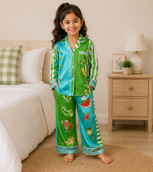 Palm Pop Printed Girls Pure Cotton Nightsuit Set