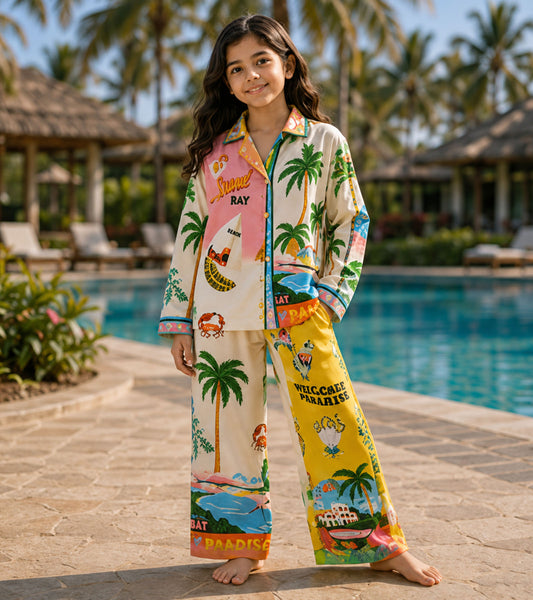 Paradise Postcard Printed Girls Pure Cotton Nightsuit Set