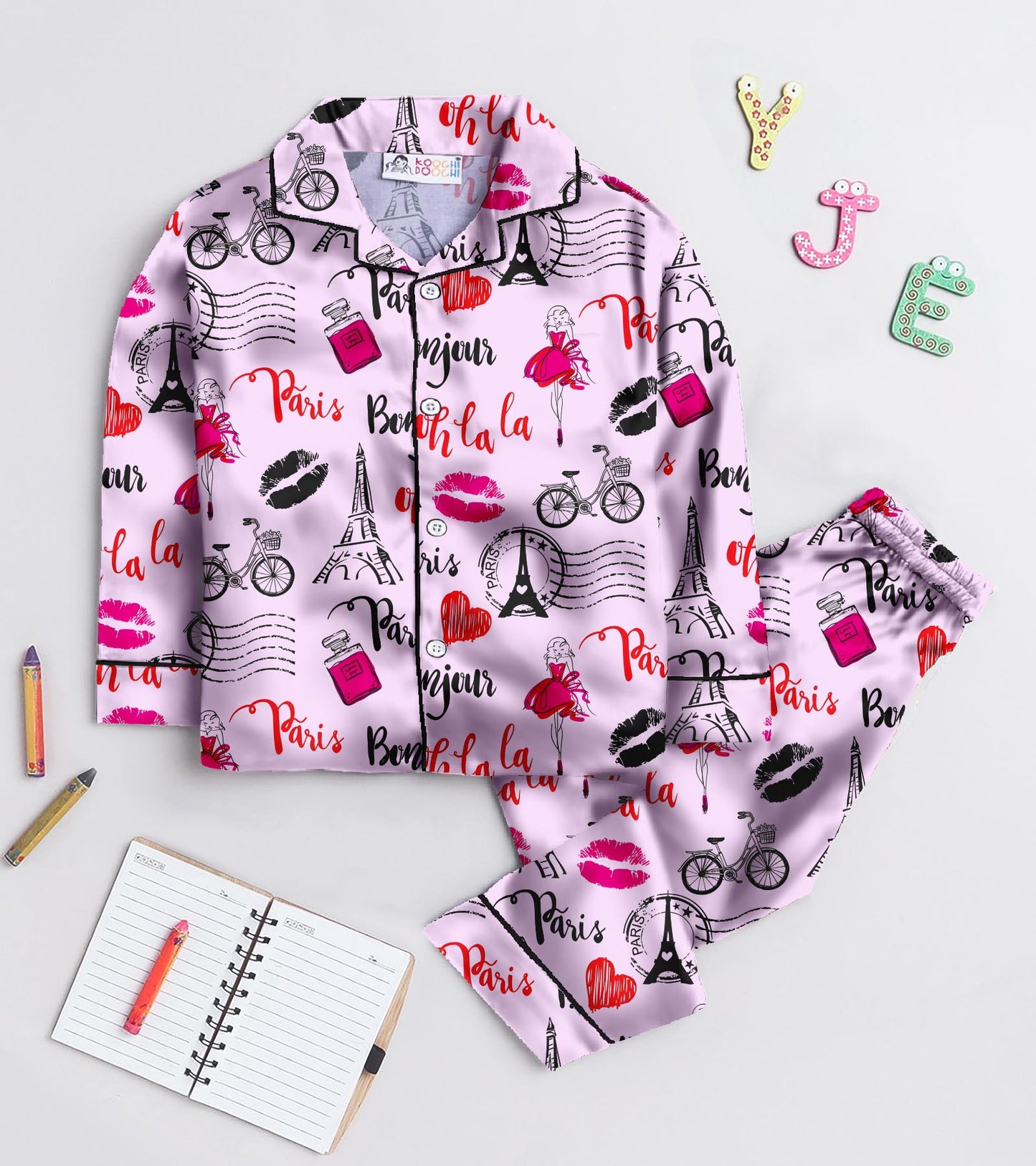 Paris Love Printed Girls Pure Cotton Nightsuit Set