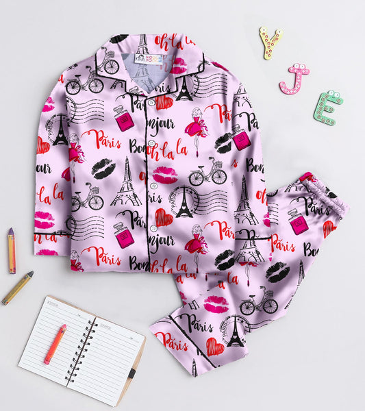 Paris Love Printed Girls Pure Cotton Nightsuit Set