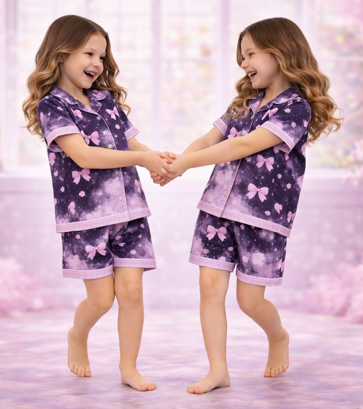 Pink Bow Fantasy Printed Girls Pure Cotton Half Nightsuit Set