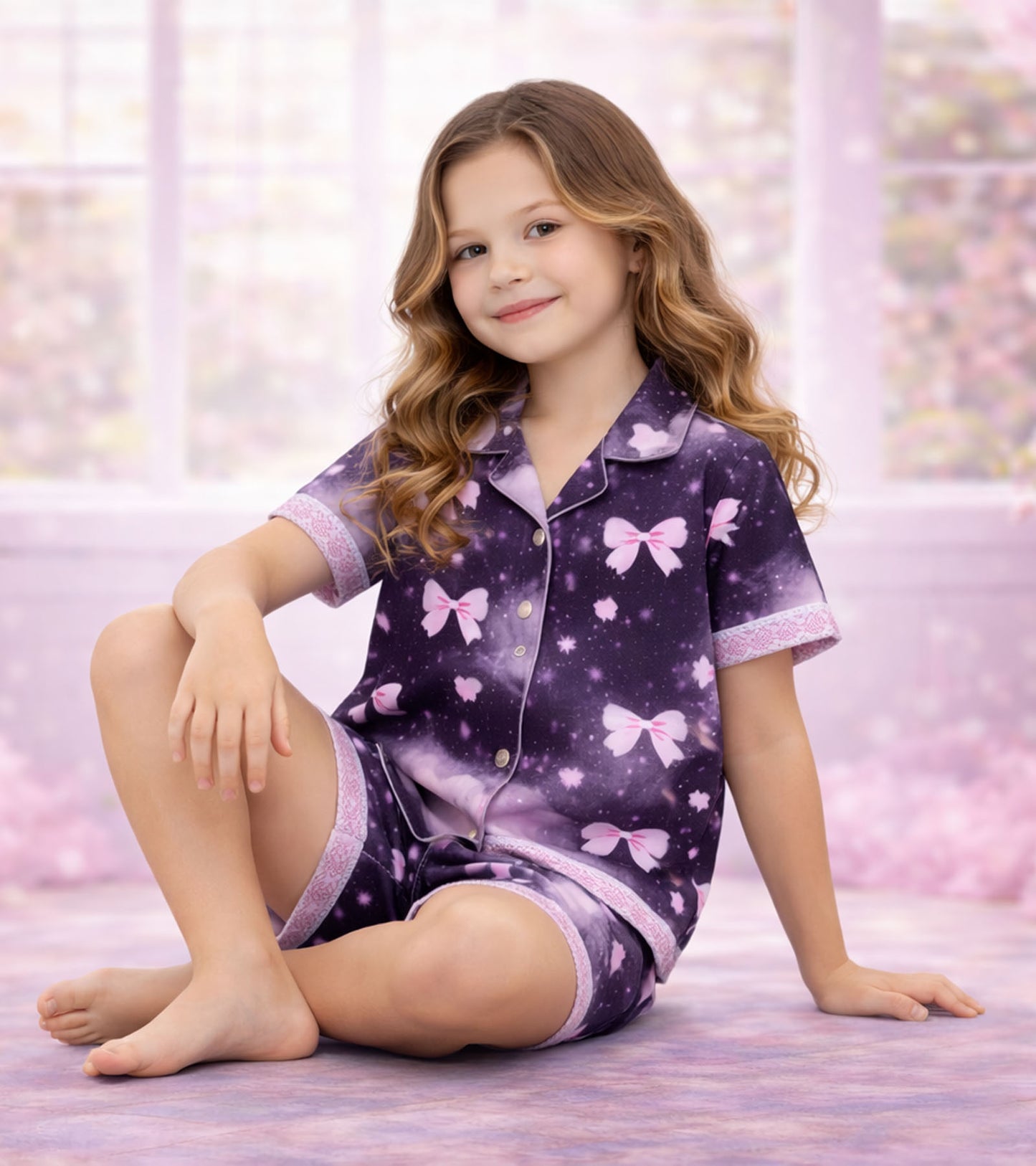 Pink Bow Fantasy Printed Girls Pure Cotton Half Nightsuit Set