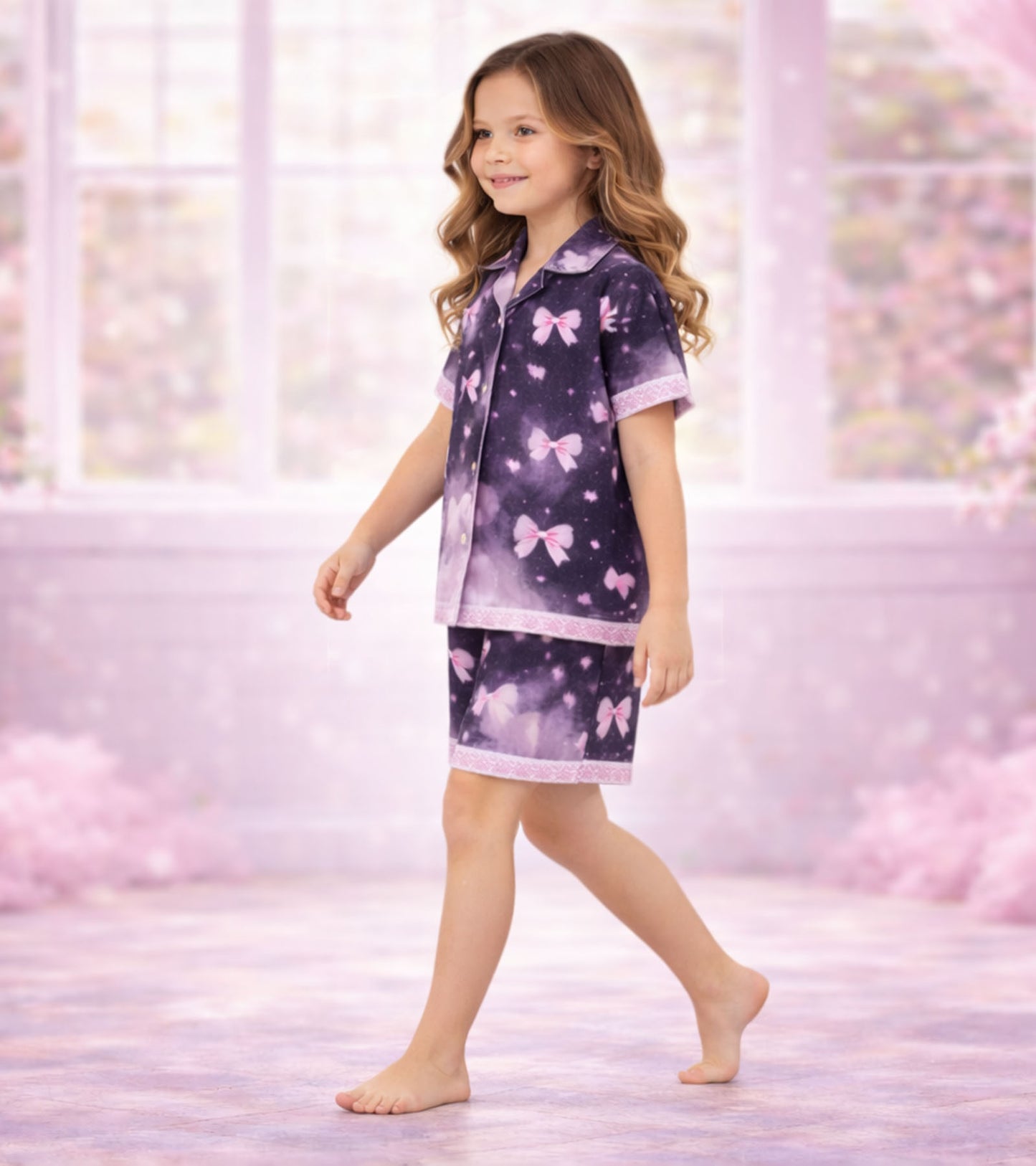 Pink Bow Fantasy Printed Girls Pure Cotton Half Nightsuit Set