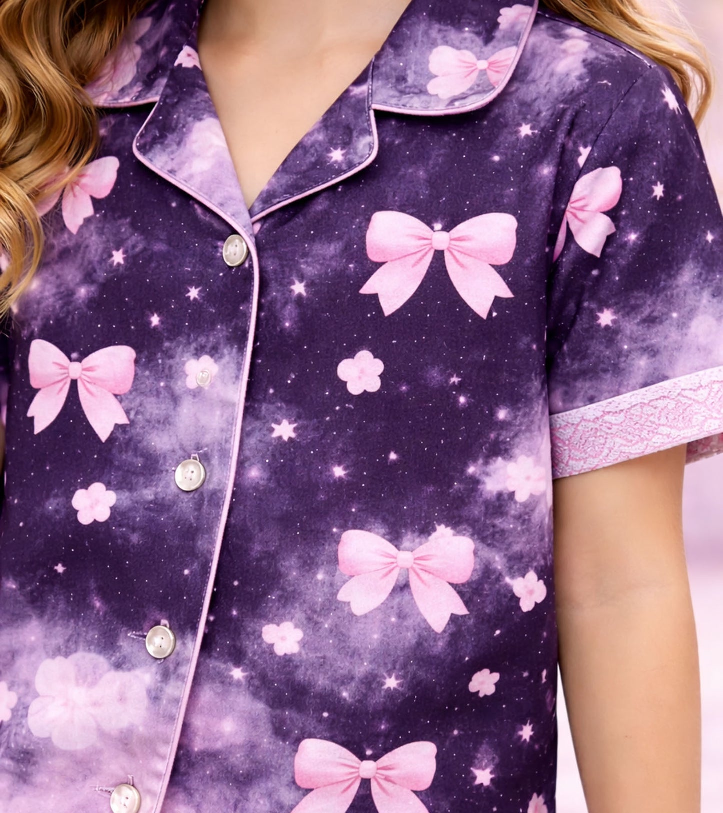 Pink Bow Fantasy Printed Girls Pure Cotton Half Nightsuit Set