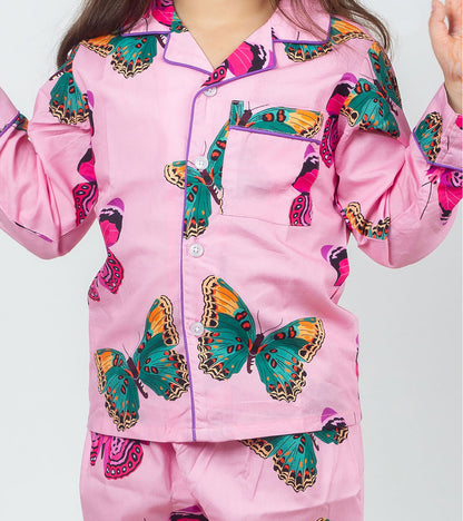 Pink Butterfly Printed Girls Nightsuit Set