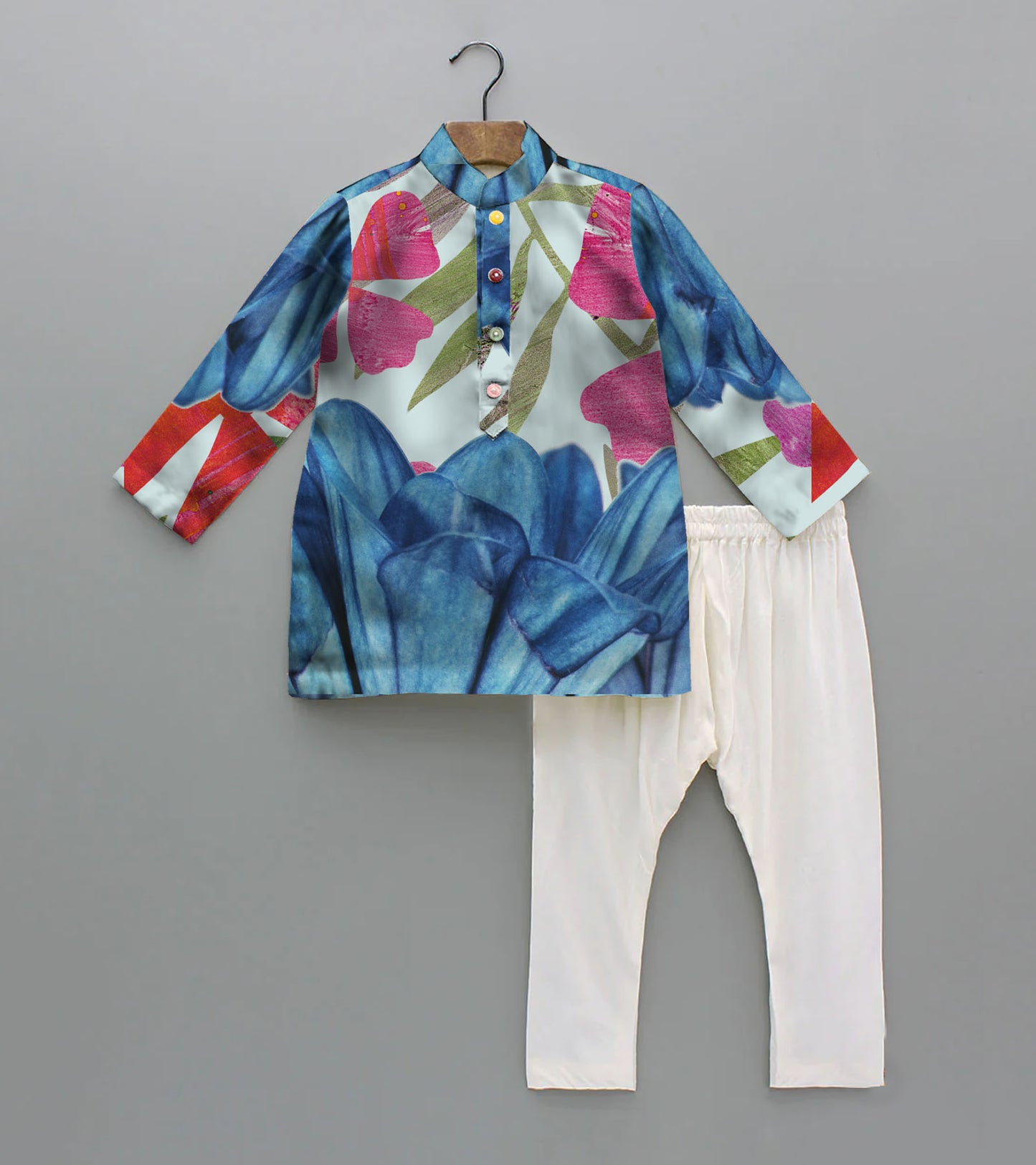 Pink and Blue Floral Printed Pure Cotton Kurta And Pyjama