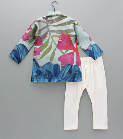 Pink and Blue Floral Printed Pure Cotton Kurta And Pyjama
