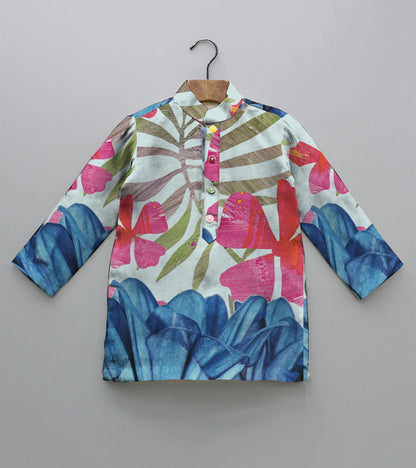 Pink and Blue Floral Printed Pure Cotton Kurta And Pyjama