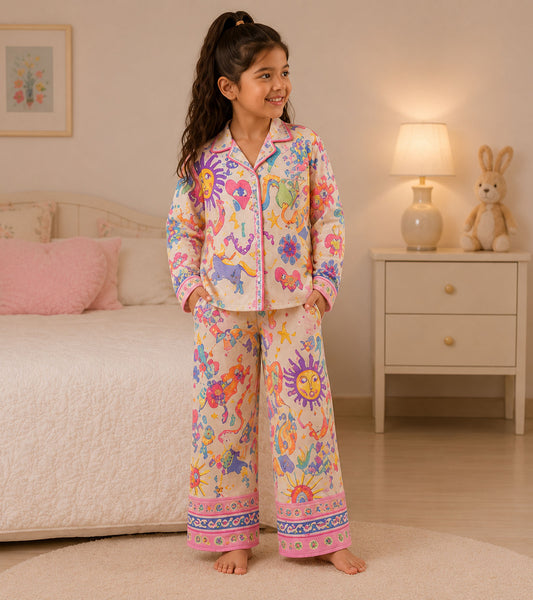 Rainbow Whimsy Printed Girls Pure Cotton Nightsuit Set