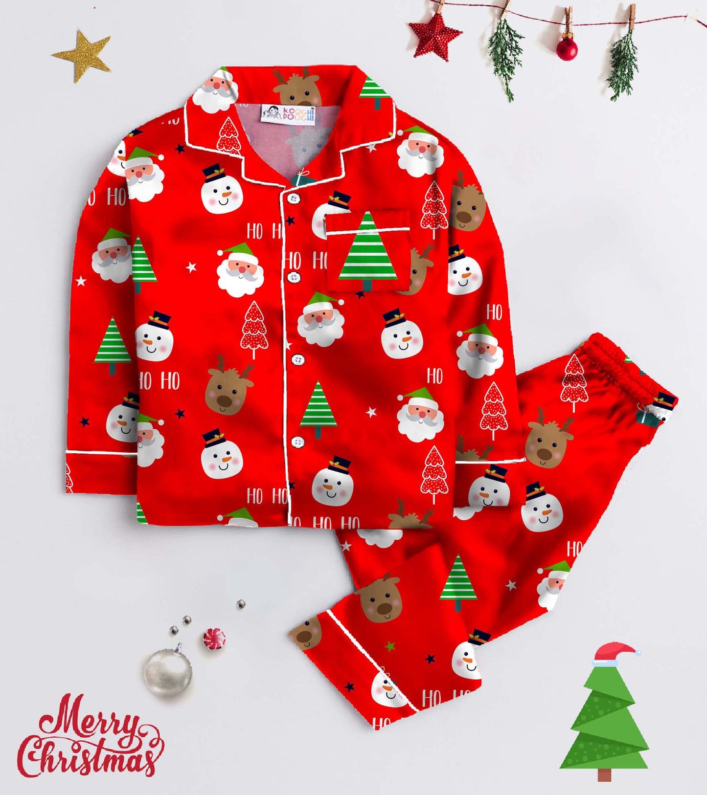 Red Ground with Santa Gift Pure Cotton Christmas Printed Nightsuit Set