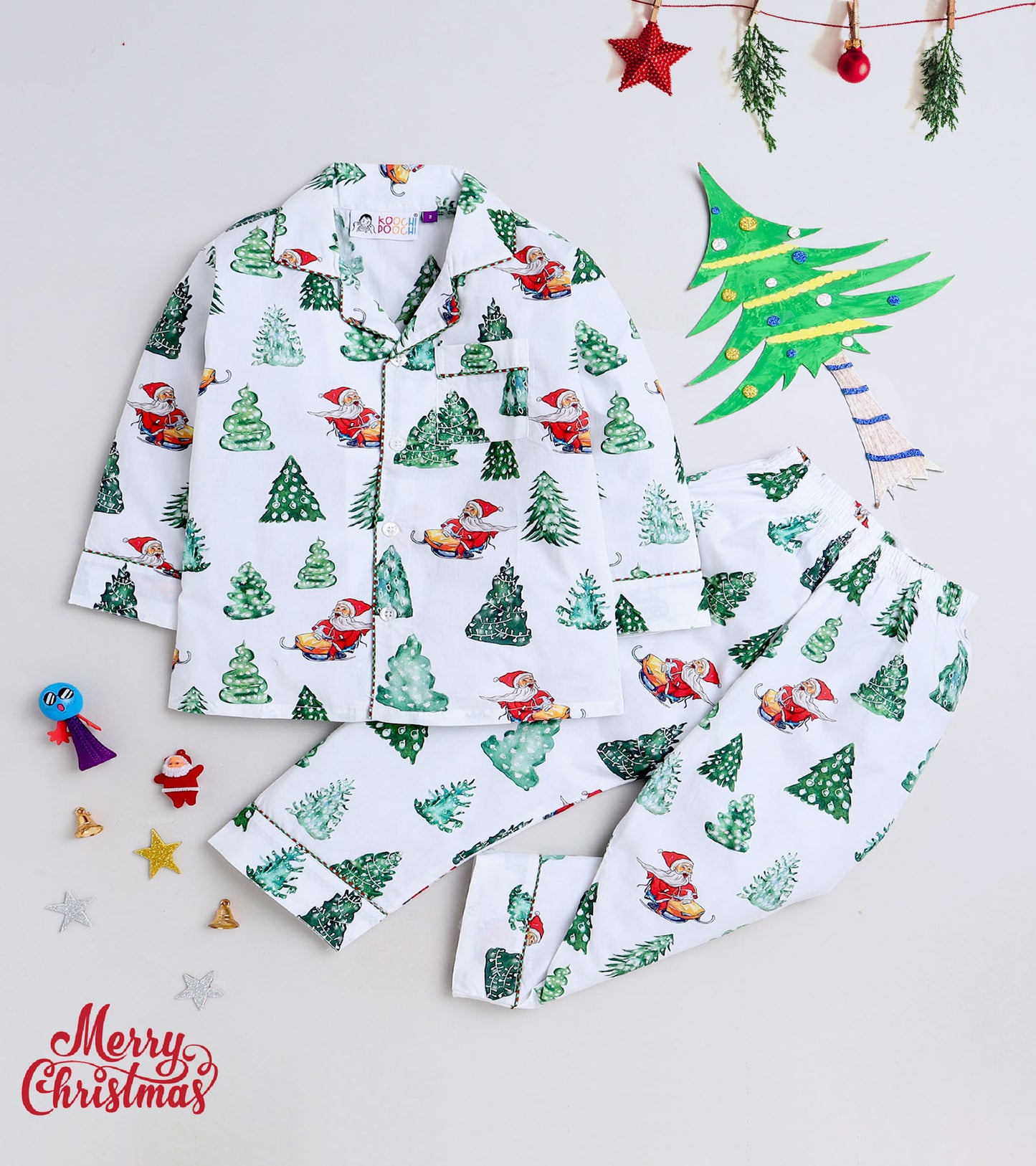 Red Santa Green Tree Printed Christmas Gift Nightsuit Set