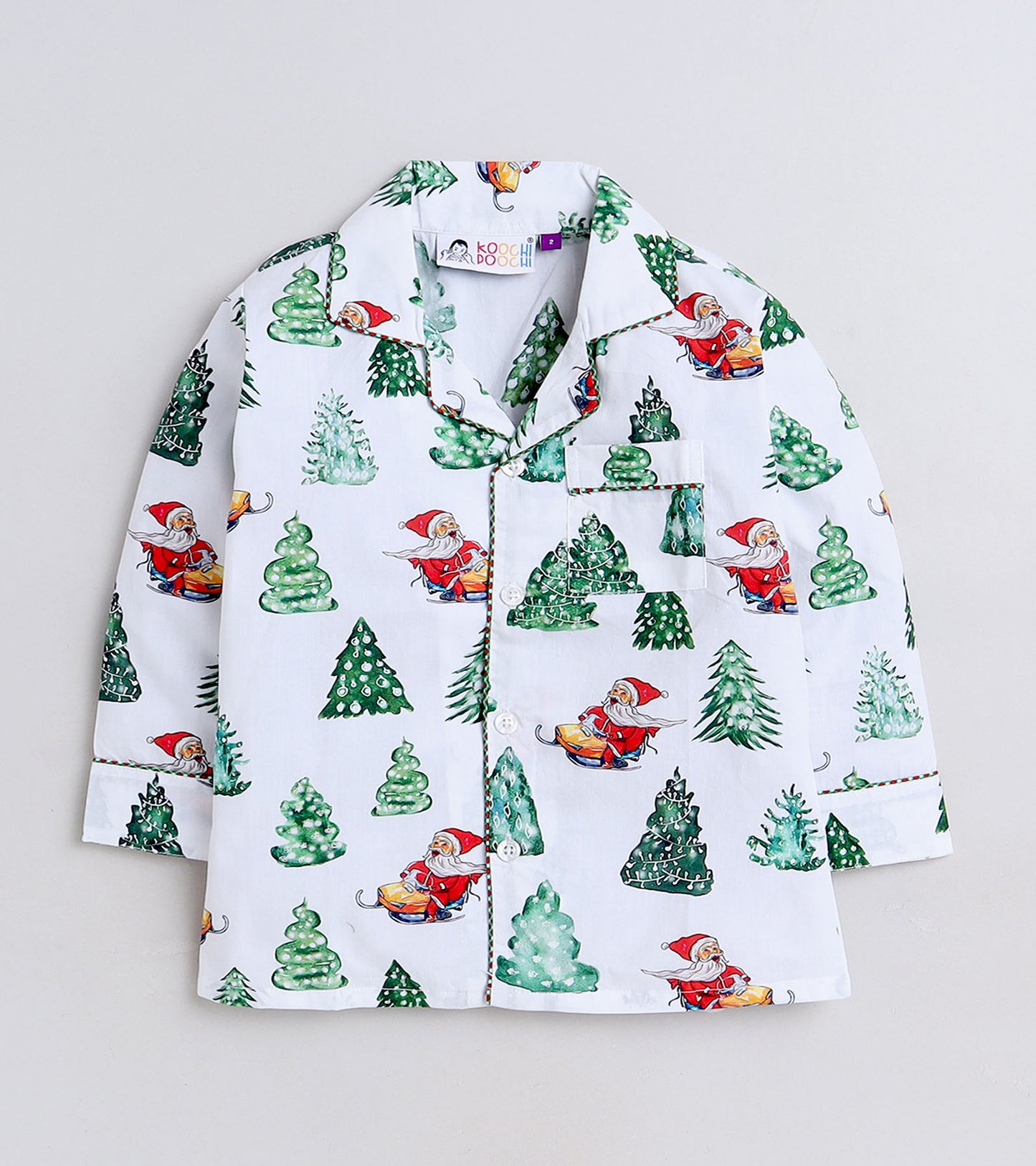 Red Santa Green Tree Printed Christmas Gift Nightsuit Set