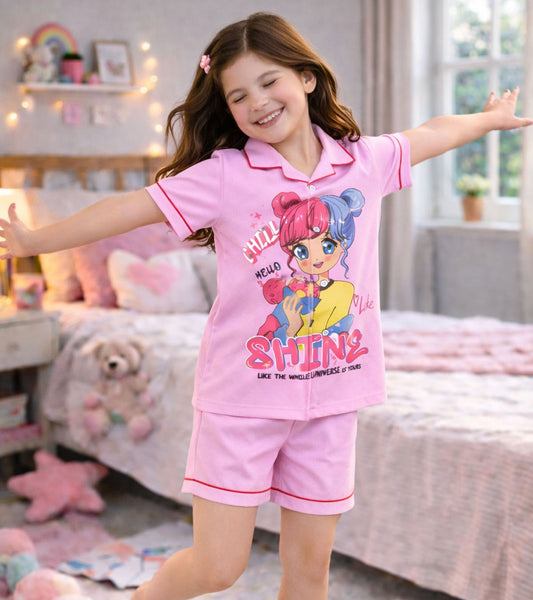 Shining Star Printed Girls Pure Cotton Half Nightsuit Set