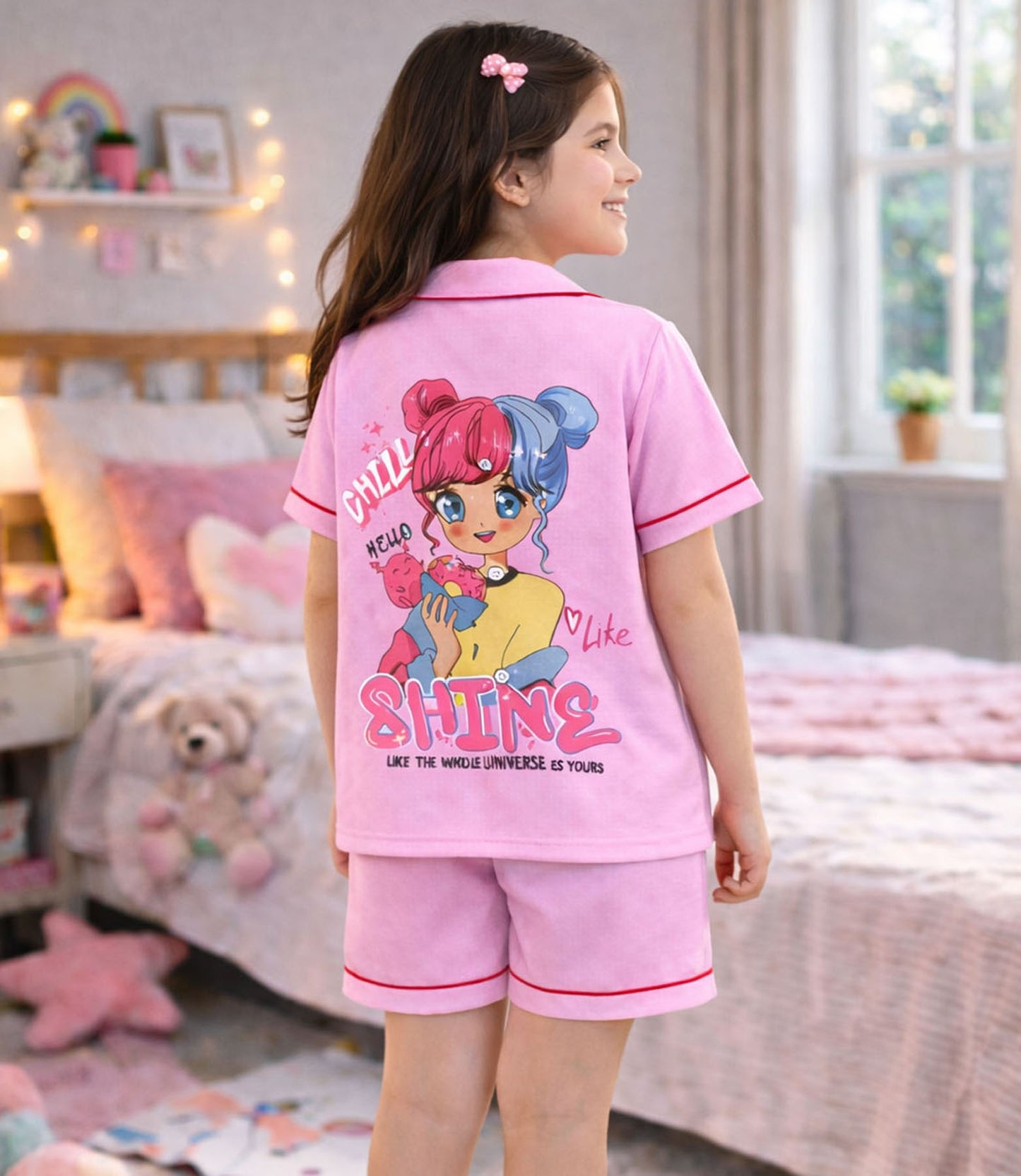 Shining Star Printed Girls Pure Cotton Half Nightsuit Set