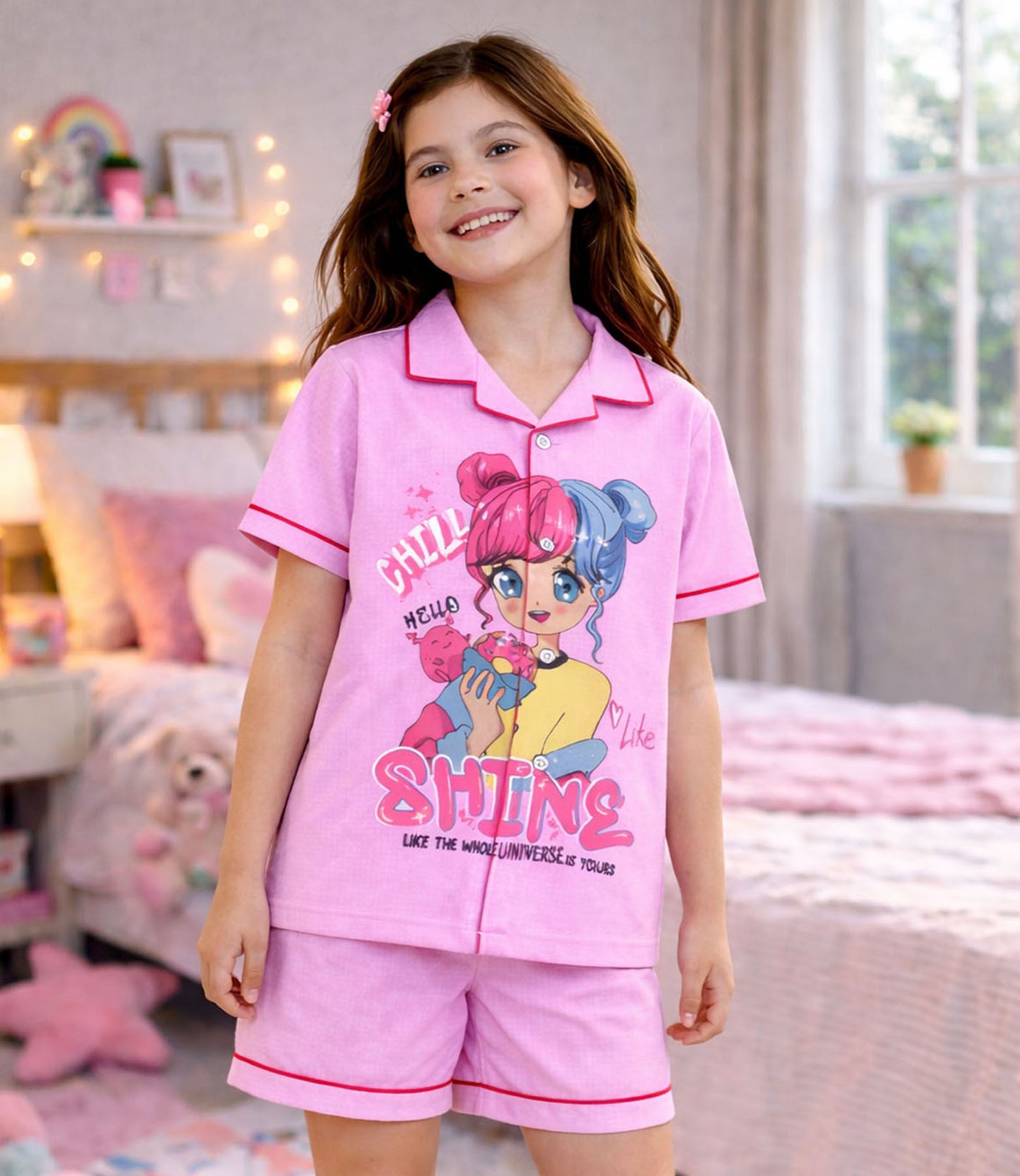 Shining Star Printed Girls Pure Cotton Half Nightsuit Set