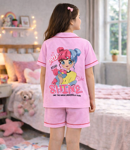 Shining Star Printed Girls Pure Cotton Half Nightsuit Set