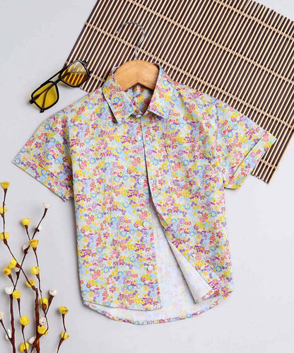 Small Floral Allover Print Pure Cotton Half Sleeve Shirt For Boys