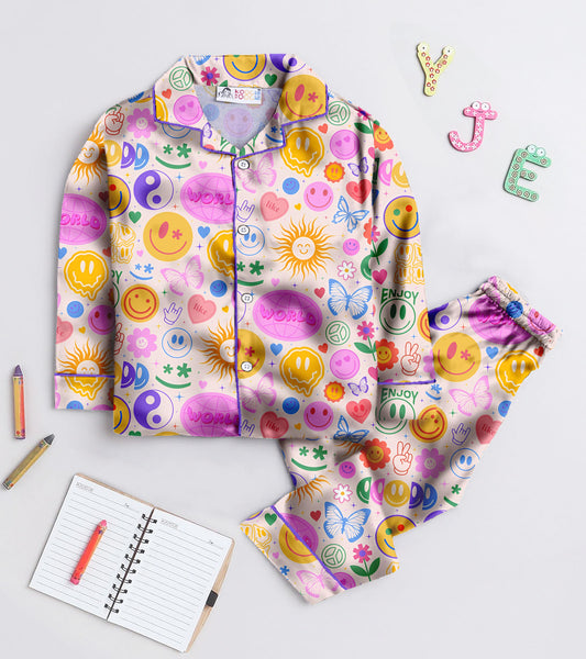 Smilely Printed Girls Pure Cotton Nightsuit Set