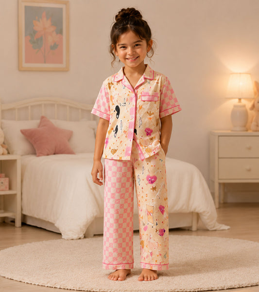 Sugar Plum Printed Girls Pure Cotton Nightsuit Set
