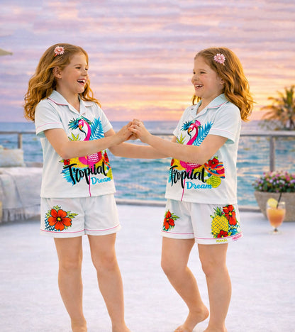 Tropical Flamingo Printed Girls Pure Cotton Half Nightsuit Set