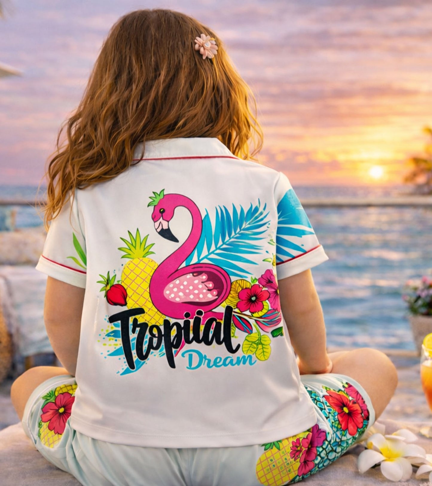 Tropical Flamingo Printed Girls Pure Cotton Half Nightsuit Set