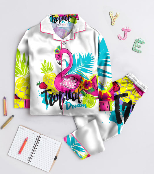 Tropical Flamingo Printed Girls Pure Cotton Nightsuit Set