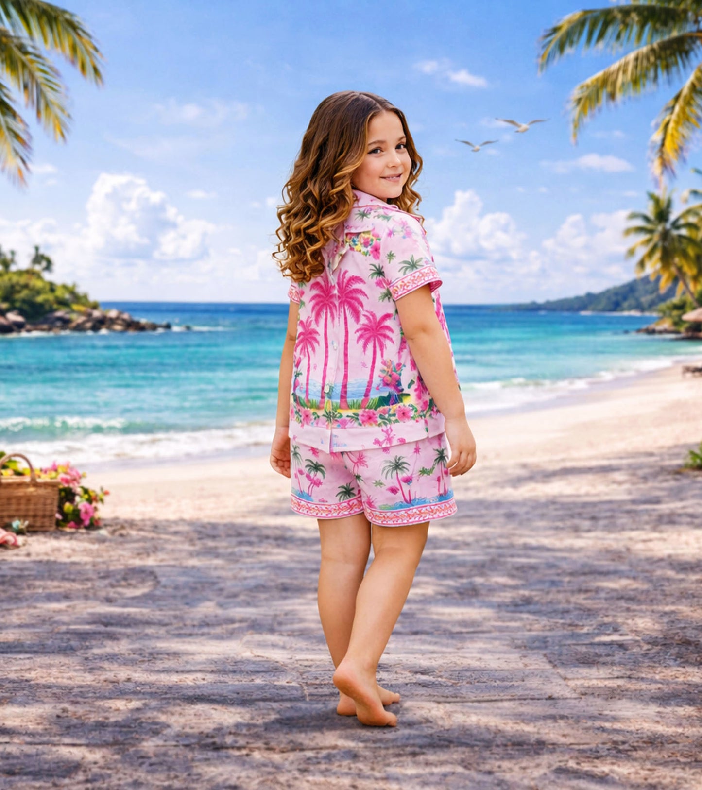 Tropical Palm Printed Girls Pure Cotton Half Nightsuit Set