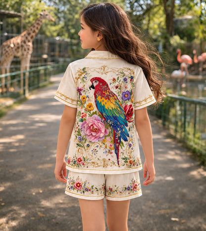 Tropical Parrot Bloom Printed Girls Pure Cotton Half Nightsuit Set