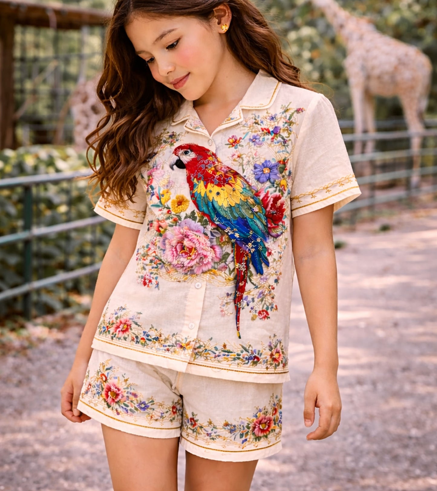 Tropical Parrot Bloom Printed Girls Pure Cotton Half Nightsuit Set