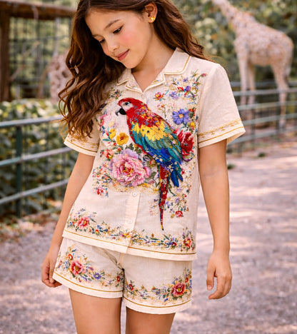 Tropical Parrot Bloom Printed Girls Pure Cotton Half Nightsuit Set