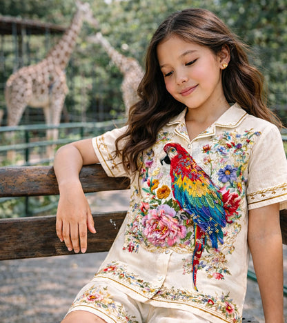 Tropical Parrot Bloom Printed Girls Pure Cotton Half Nightsuit Set