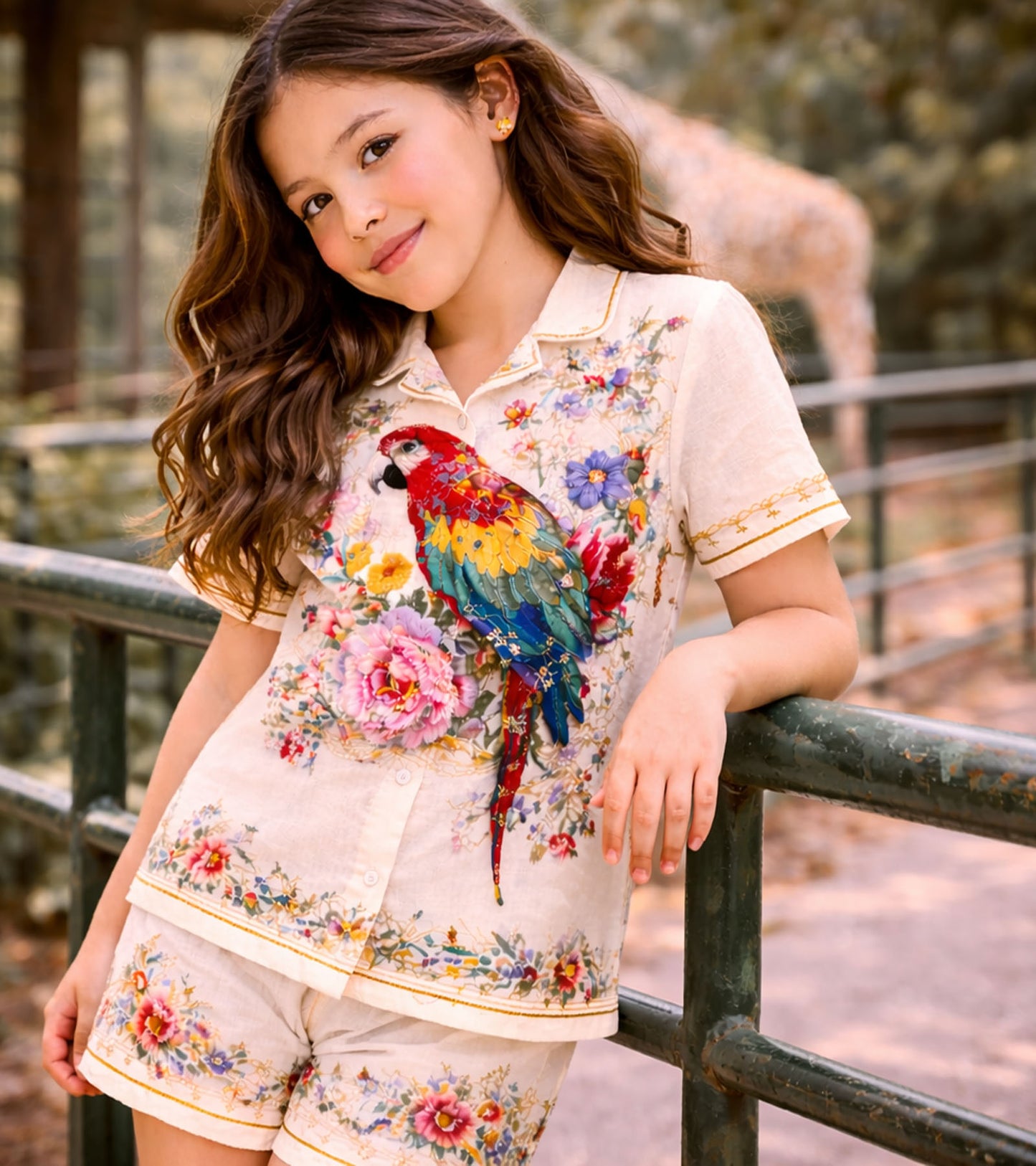 Tropical Parrot Bloom Printed Girls Pure Cotton Half Nightsuit Set