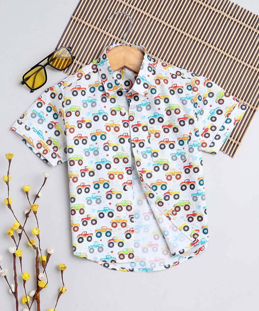 Truck Print Pure Cotton Half Sleeve Shirt For Boys