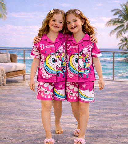 Unicorn Dark Pink Printed Girls Pure Cotton Half Nightsuit Set