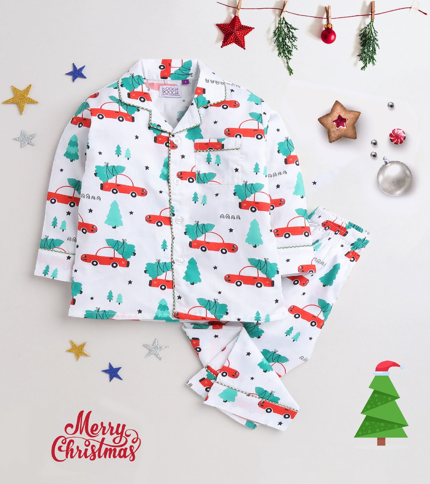 White Printed Christmas Nightsuit Set