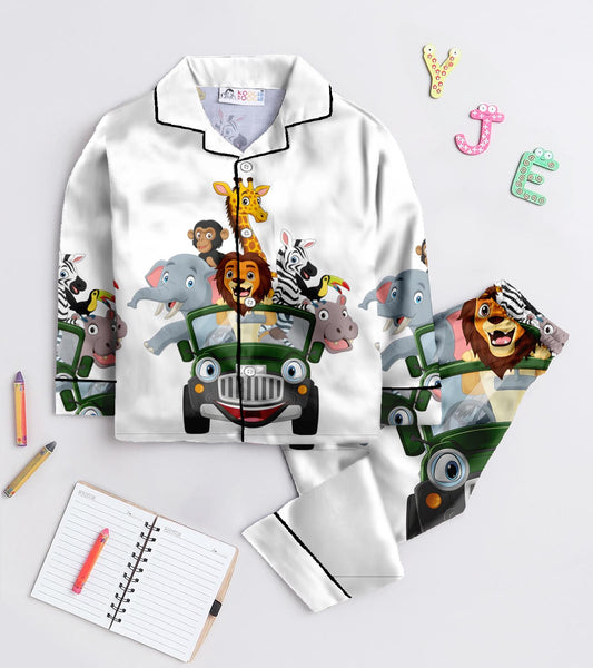 Wild animals riding a green car Pure Cotton Printed Nightsuit Set