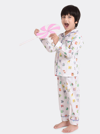 ABC White Printed Boys Nightsuit Set