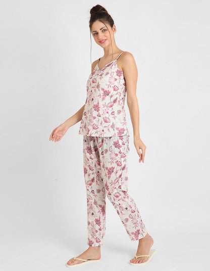 Rosy Pink Flower Printed Singlet Pyjama Set For Women