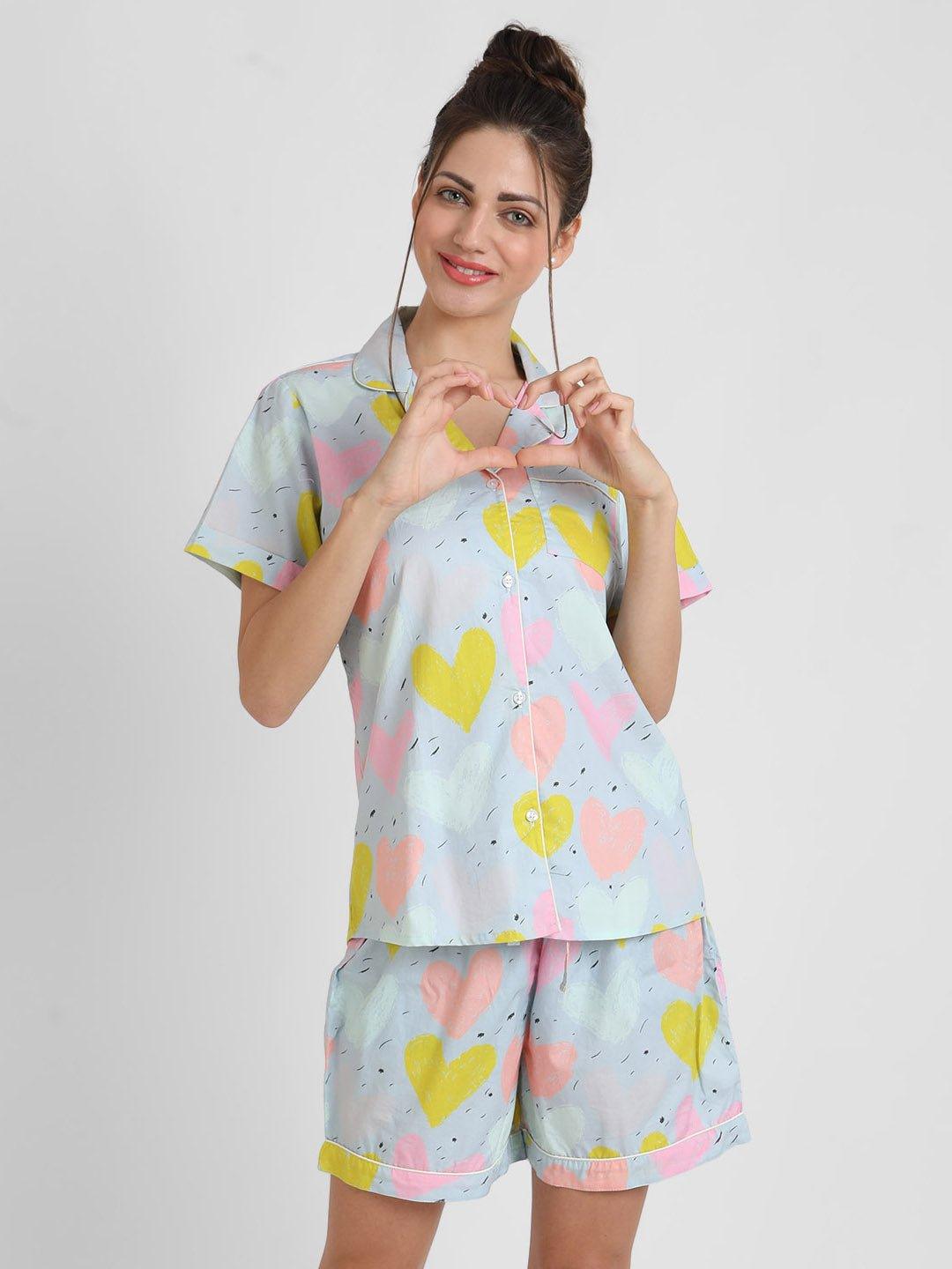 Grey Hearts Printed Nightsuit Set for Women