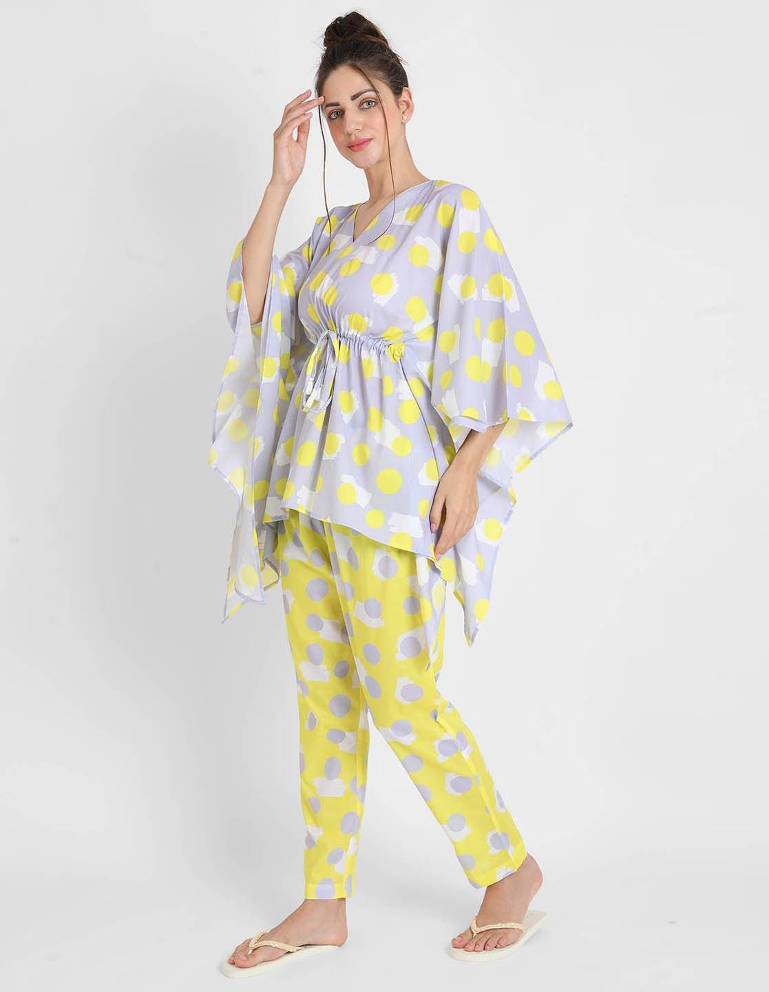 Yellow Polka Print Kaftan Pajama Set