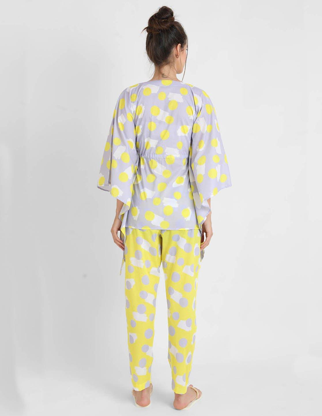 Yellow Polka Print Kaftan Pajama Set