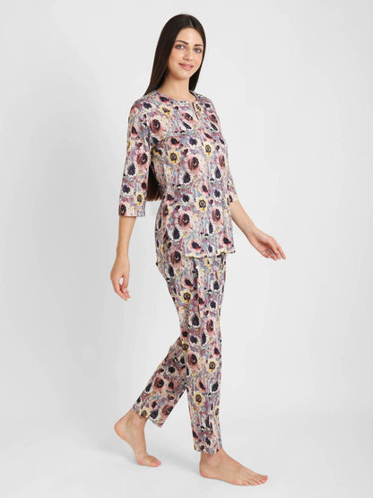 Mauve Floral Printed Nightsuit Set for Women