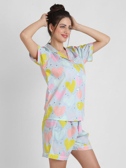 Grey Hearts Printed Nightsuit Set for Women
