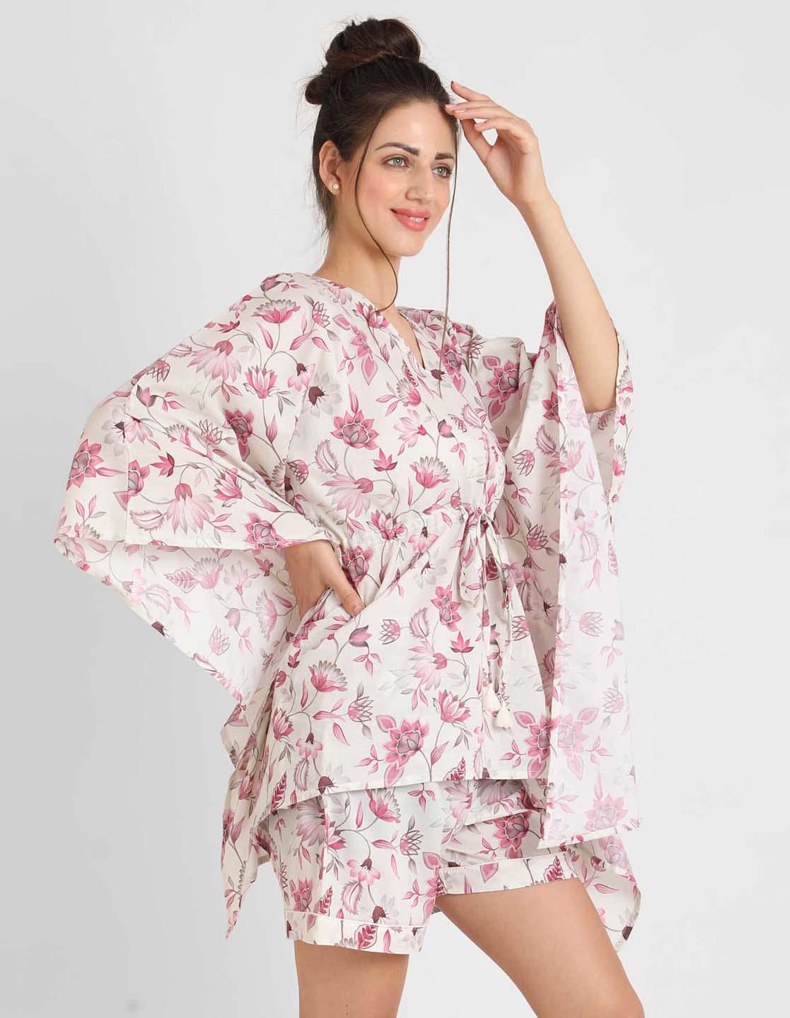 Rosy Pink Floral Print Kaftan Shorts Set
