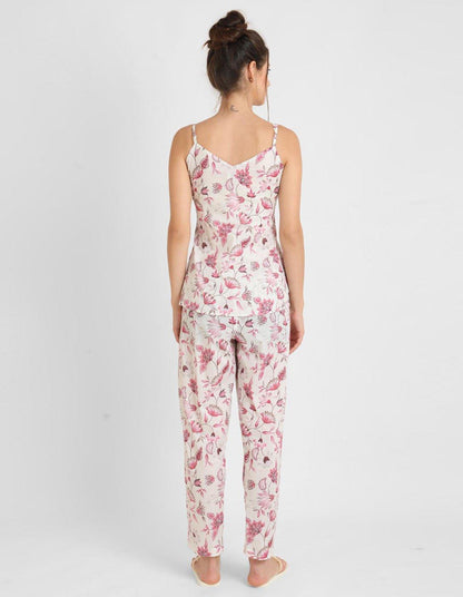 Rosy Pink Flower Printed Singlet Pyjama Set For Women