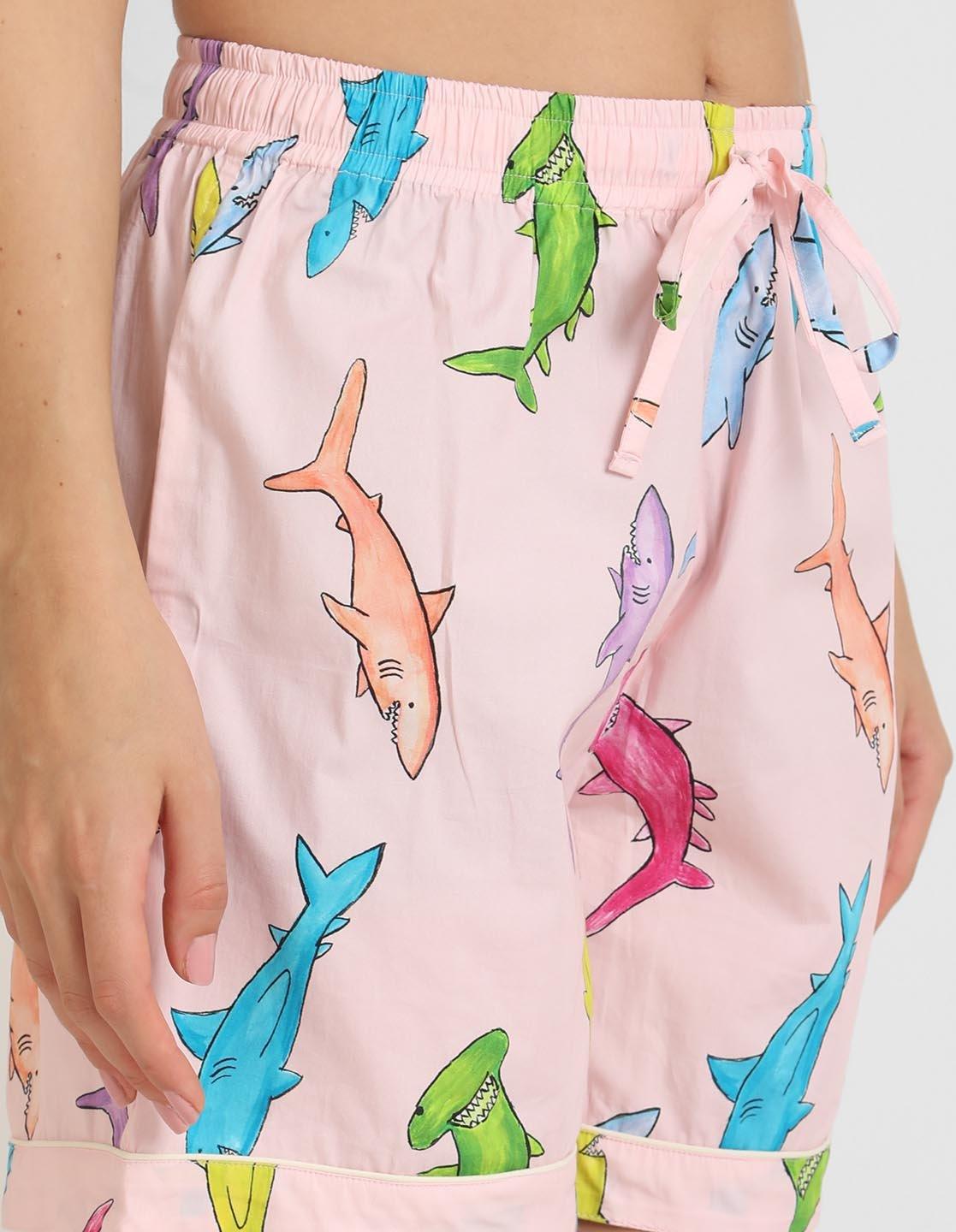 Handpainted Shark Printed Nightsuit Set for Women