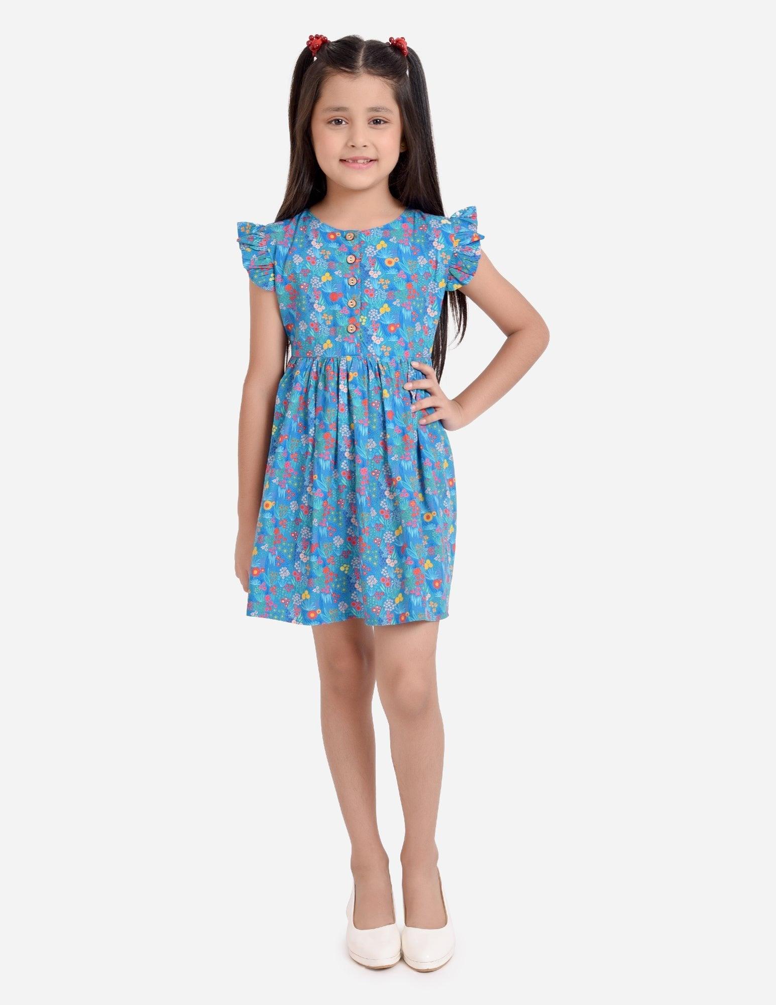 Blue Floral Print Girls Dress - koochi Poochi