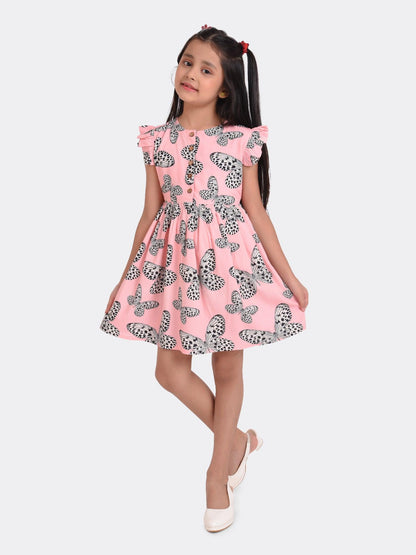 Pinky Butterfly Print Girls Dress