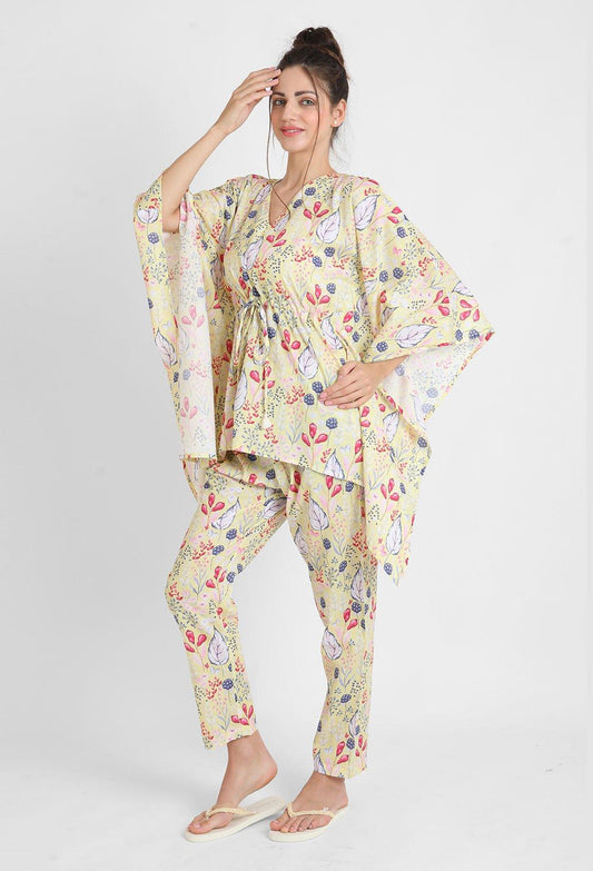 Yellow Blooming Print Pajama Kaftan