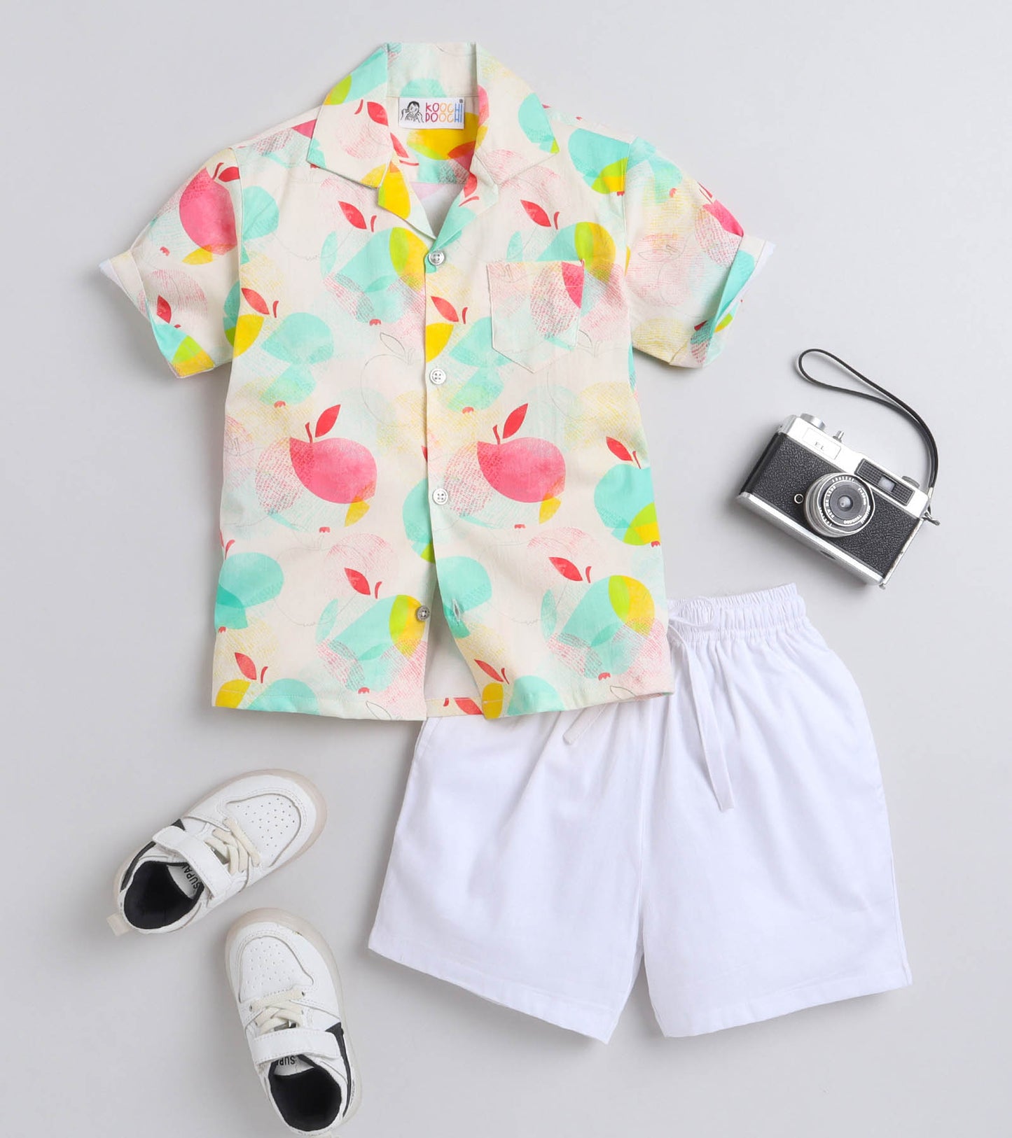 Half Apple Digital printed Shirt with White solid Shorts